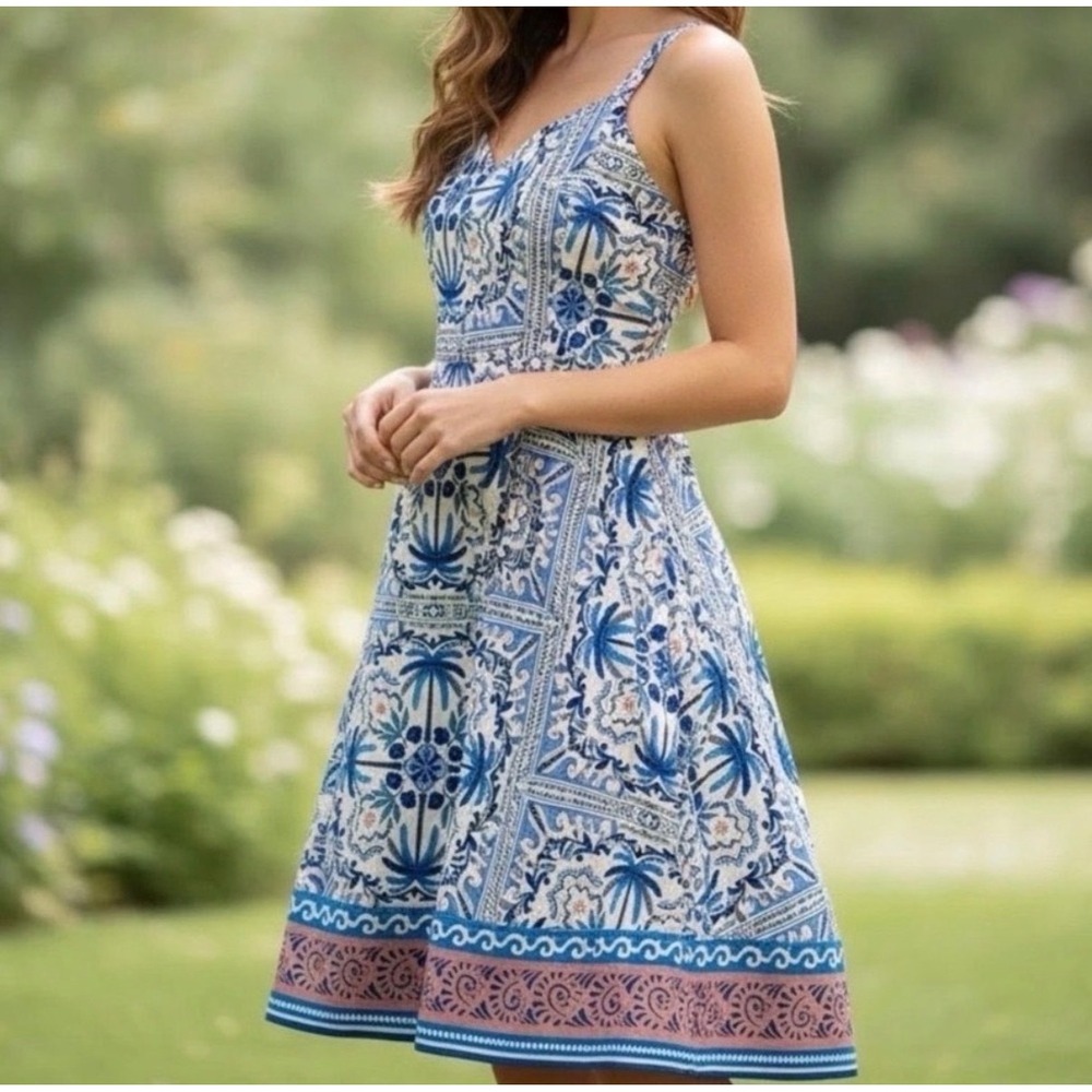 Avec Les Filles Blue White Palm Print Midi Fit & Flare Dress Womens 4 Old Money